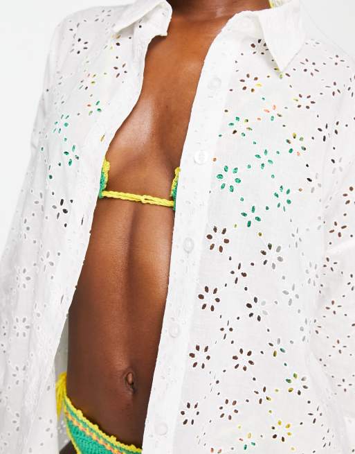 ASOS DESIGN oversized broderie beach shirt top in white , 4 of 4
