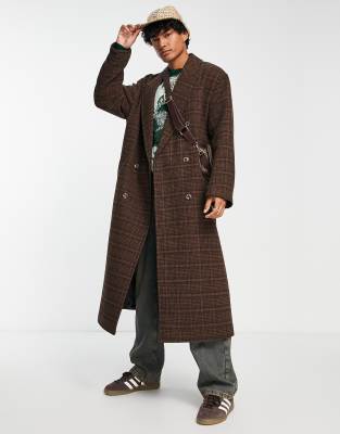 ASOS DESIGN oversized brown check overcoat with wool