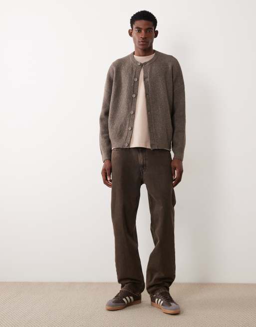 ASOS DESIGN - Oversized brun cardigan i ribstrikket uldblanding med rund hals, 2 af 5