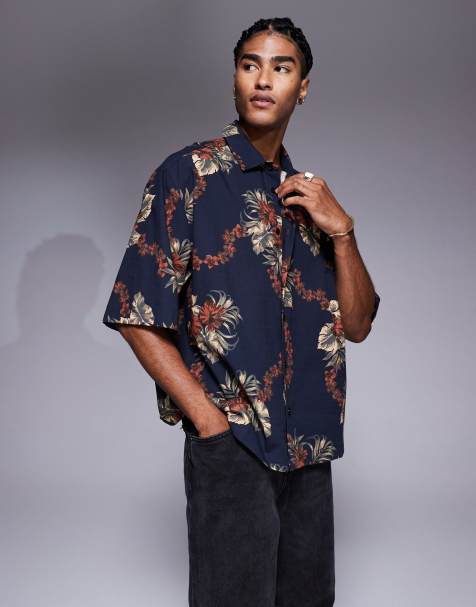 ASOS DESIGN - Oversized, brun og marineblå skjorte med blomsterprint i firkantet pasform - view 1