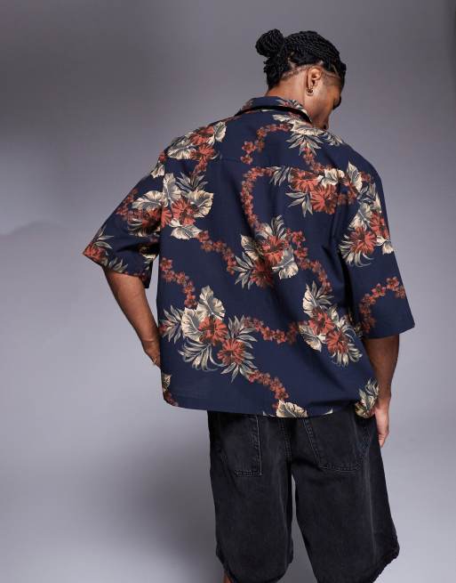 ASOS DESIGN - Oversized, brun og marineblå skjorte med blomsterprint i firkantet pasform, 3 af 4
