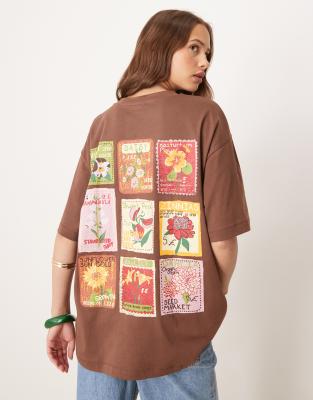 ASOS DESIGN - Oversized brun T-shirt med grafisk frøpakke-print - view 1
