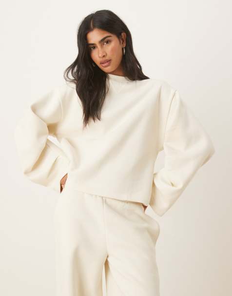 ASOS DESIGN oversized brushback sweat with ruched sleeve detail in cream