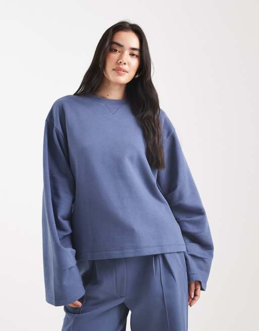 ASOS DESIGN oversized brushback sweat with ruched sleeve detail in navy