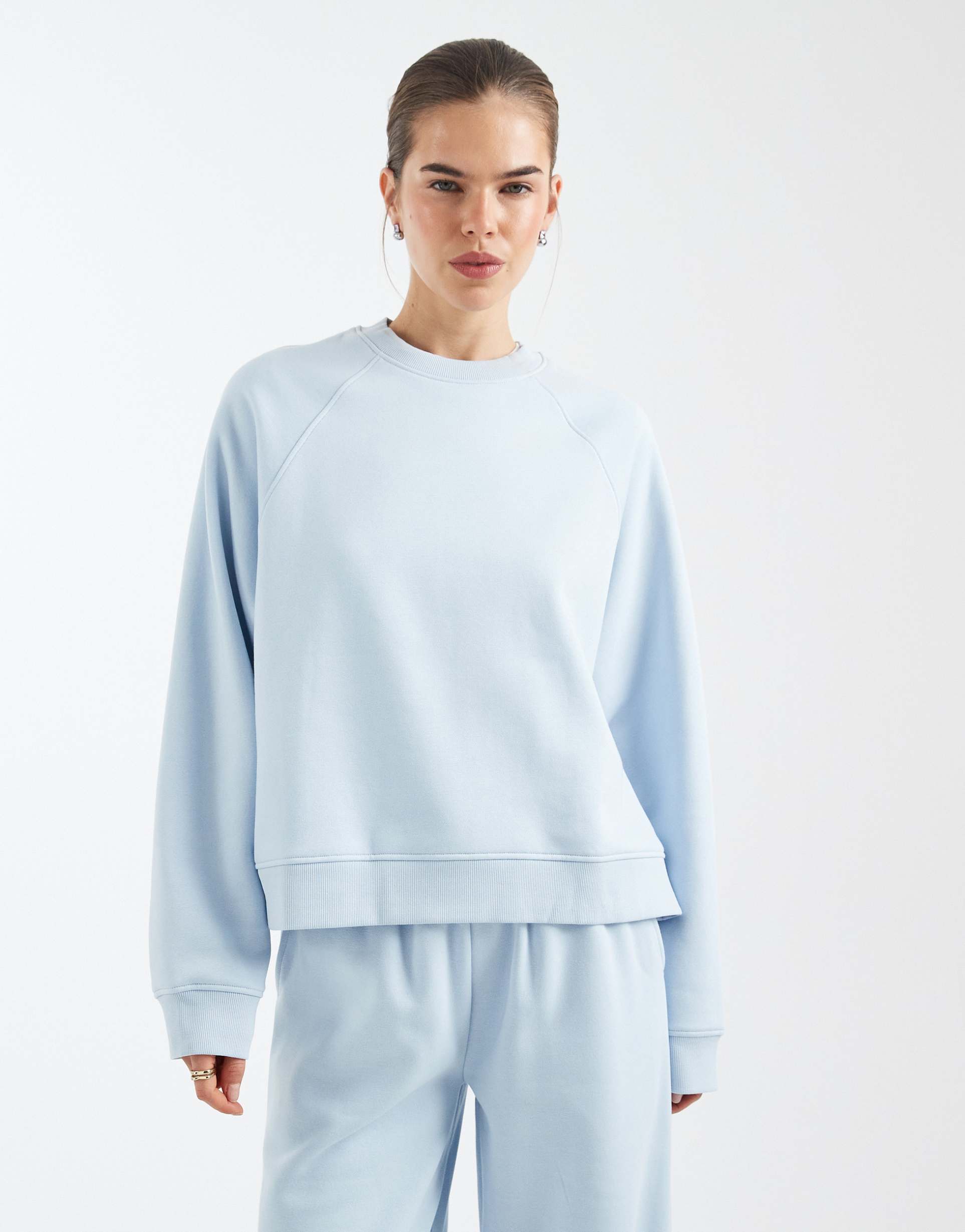 asos design oversized brushback sweatshirt with raglan detail in baby blue