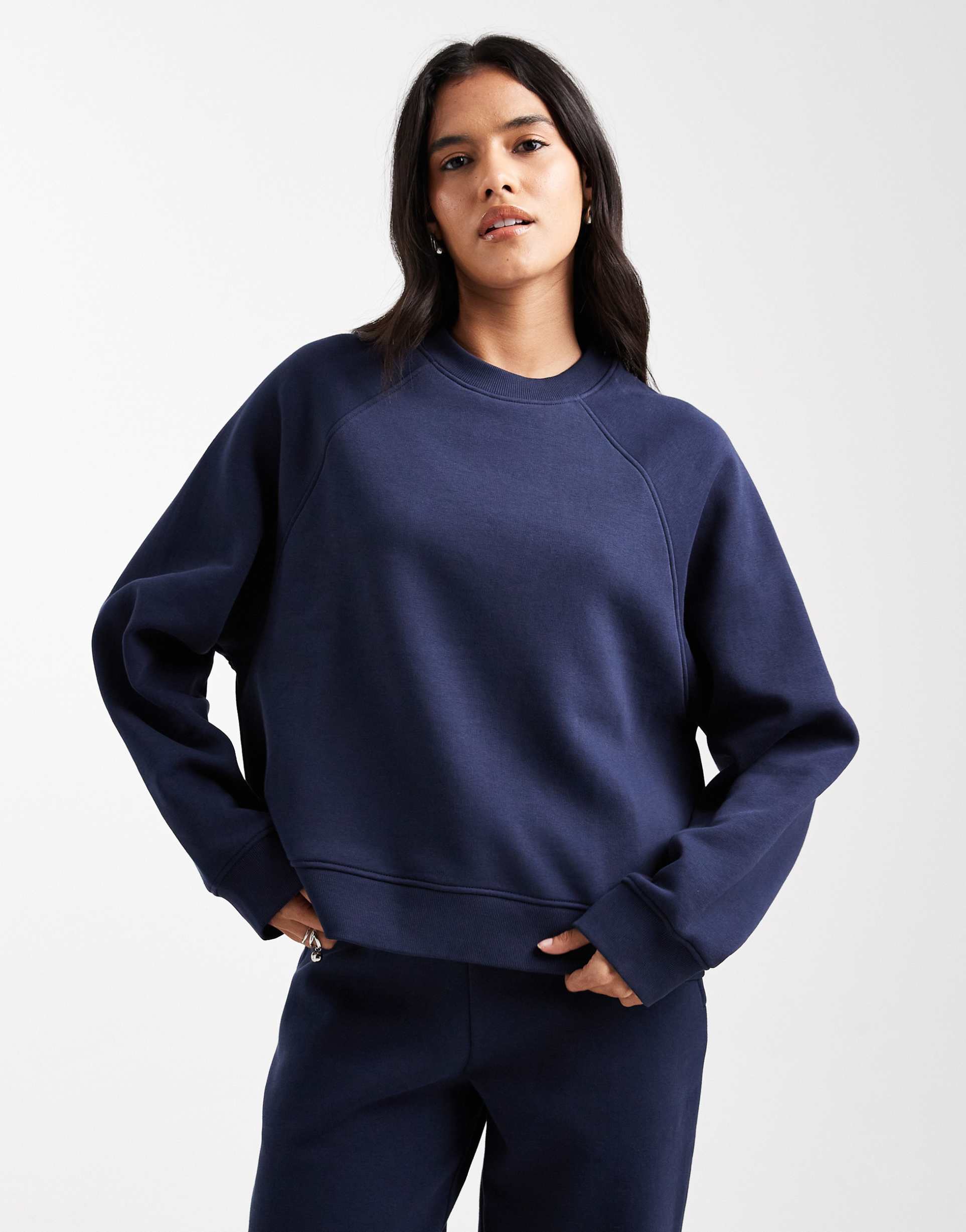 asos design oversized brushback sweatshirt with raglan detail in navy