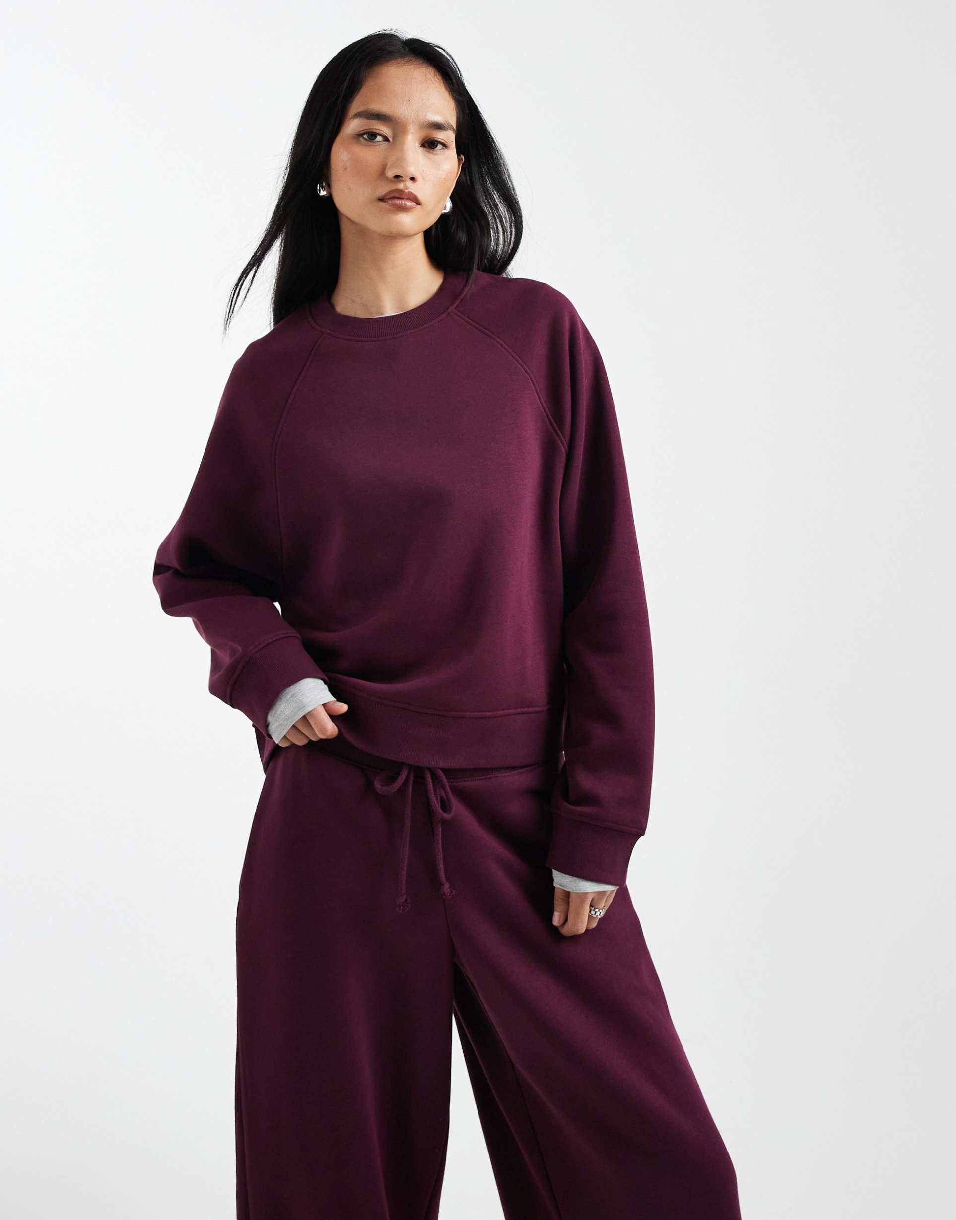 asos design oversized brushback sweatshirt with raglan detail in plum