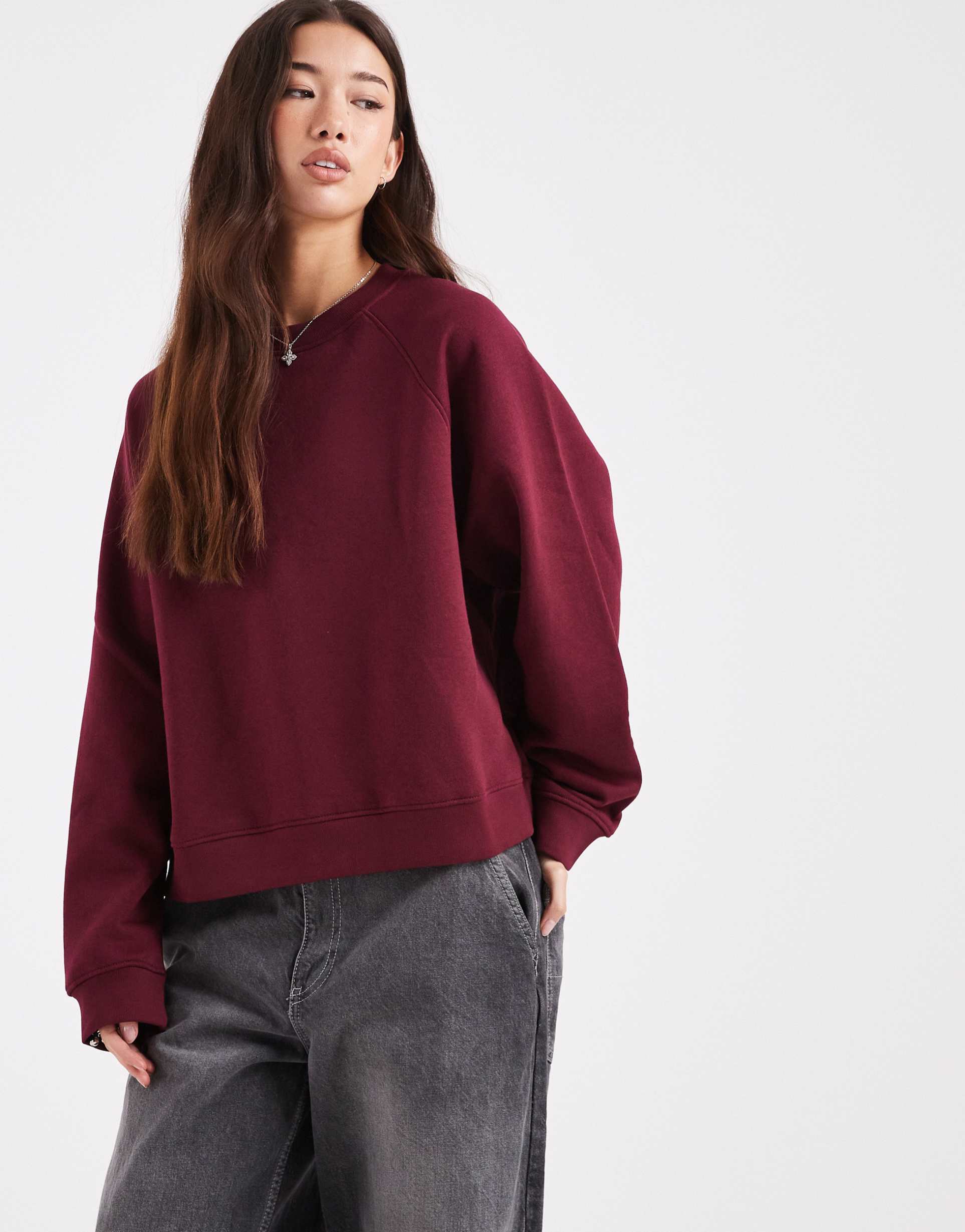 asos design oversized brushback sweatshirt with raglan detailing in burgundy