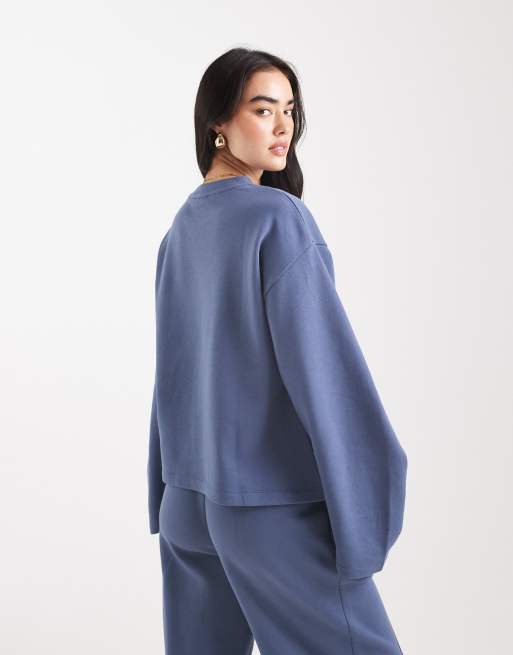 ASOS DESIGN oversized brushback sweatshirt with ruched sleeve detailing in denim blue, 4 of 4