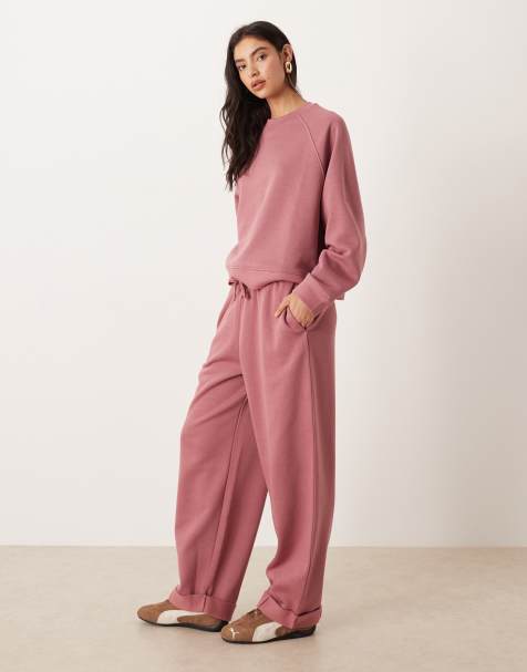 ASOS DESIGN oversized brushback trackies with turnback hem detail in rose pink - view 1