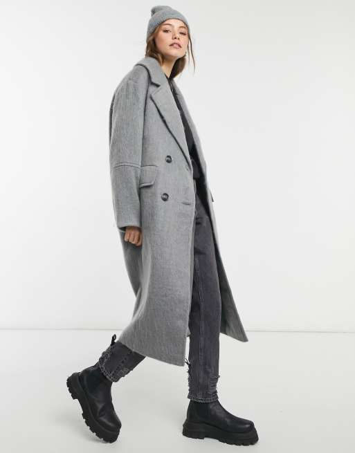 Grey Brushed Wool Look Oversized Drop Shoulder Coat