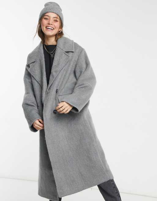 Grey Brushed Wool Look Oversized Drop Shoulder Coat