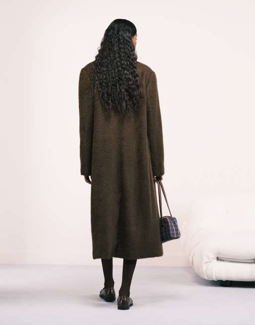 ASOS DESIGN oversized brushed dad coat in dark khaki green, 2 of 4