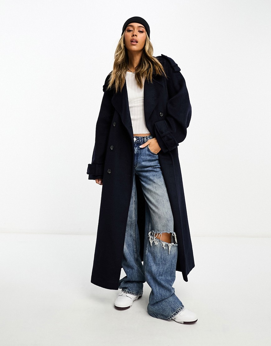 ASOS DESIGN oversized brushed formal trench wool mix coat in navy