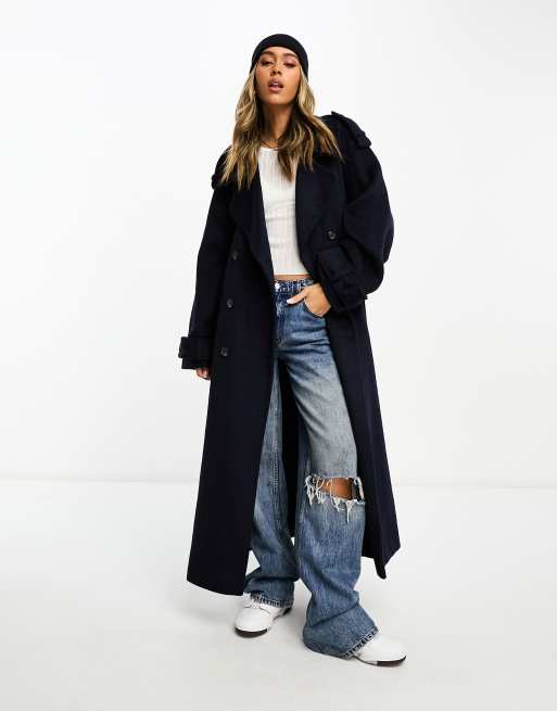 ASOS DESIGN oversized brushed formal trench wool mix coat in navy | ASOS