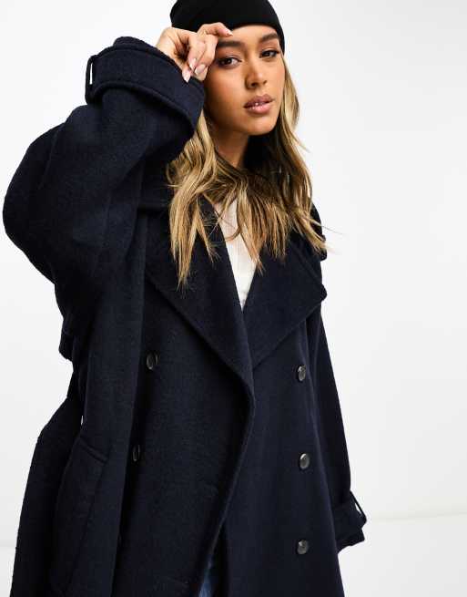 ASOS DESIGN oversized brushed formal trench wool mix coat in navy