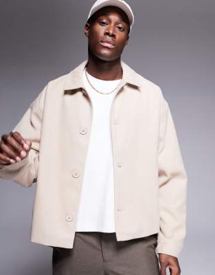 ASOS DESIGN oversized brushed harrington jacket in stone-Neutral