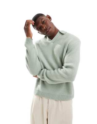 oversized brushed knit notch neck polo shirt in sage green