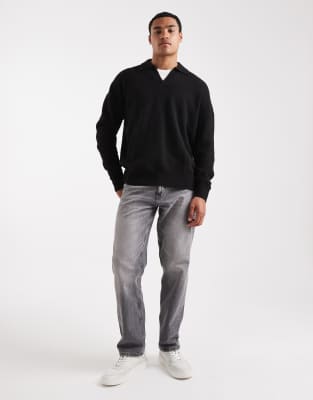 Asos Design Oversized Brushed Knit Notch Neck Sweater In Black