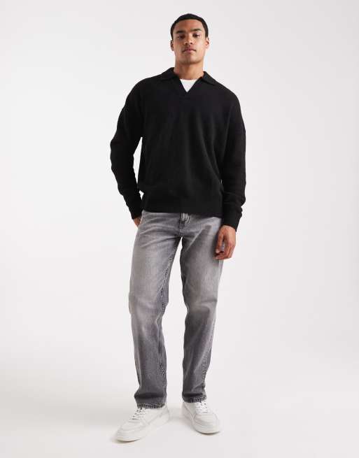 ASOS DESIGN oversized brushed knit notch neck sweater in black