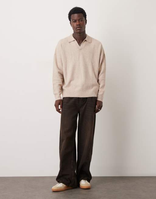 ASOS DESIGN oversized brushed knit notch neck sweater in stone