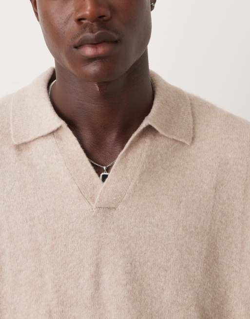ASOS DESIGN oversized brushed knit notch neck sweater in stone