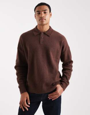 Asos Design Oversized Brushed Knit Polo Shirt In Brown