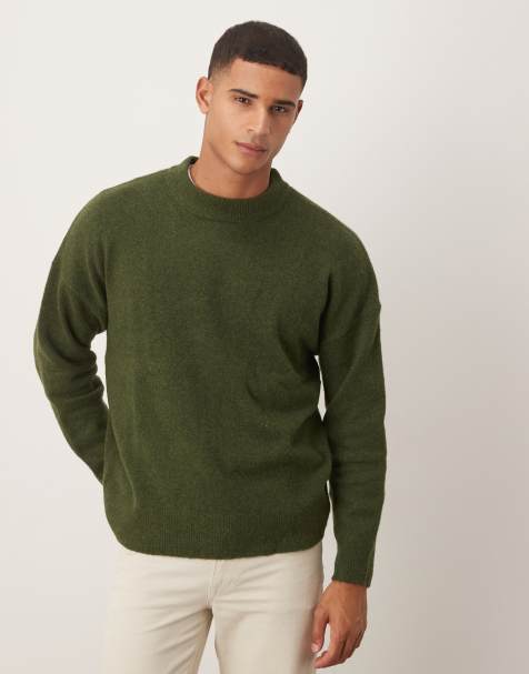 ASOS DESIGN oversized brushed knitted crew neck jumper in khaki - view 1