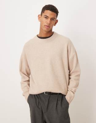 ASOS DESIGN oversized brushed knitted crew neck jumper in stone-Neutral