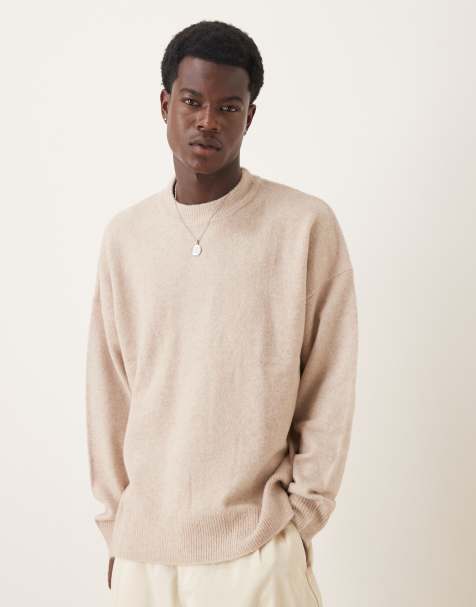 ASOS DESIGN oversized brushed knitted crew neck jumper in stone - view 1