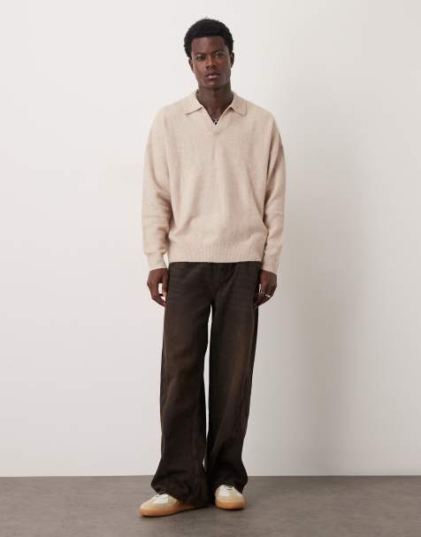 ASOS DESIGN oversized brushed knitted notch neck jumper in stone - view 1