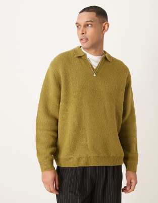 ASOS DESIGN ASOS DESIGN oversized brushed knitted notch polo in khaki-Green