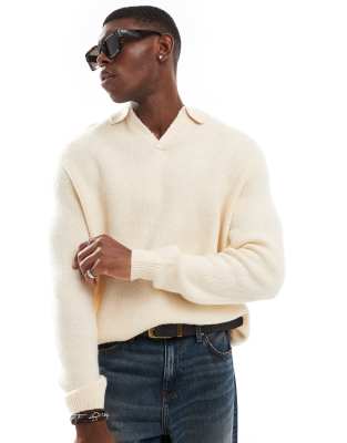 oversized brushed knitted notch polo in oatmeal-Neutral