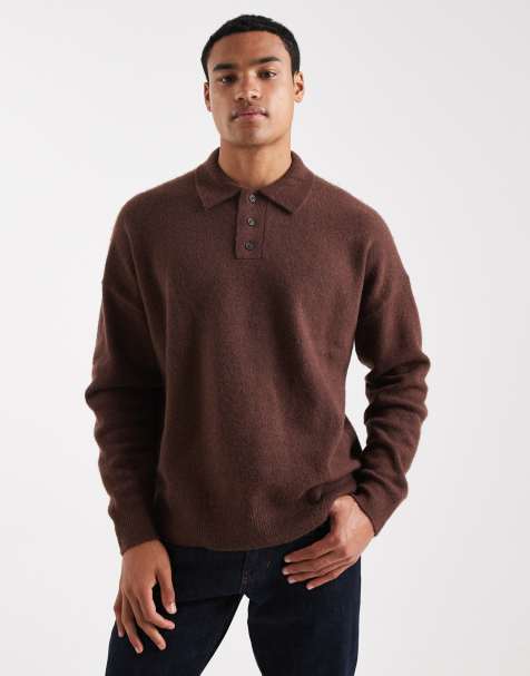 ASOS DESIGN oversized brushed knitted polo in brown - view 1