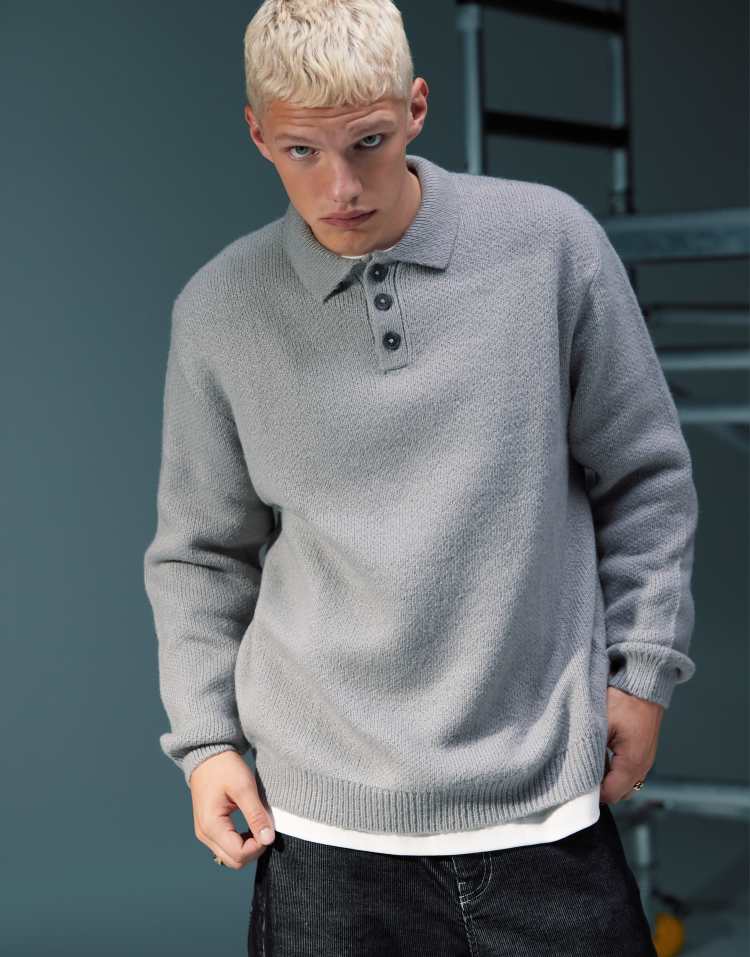 oversized brushed knitted polo in light gray