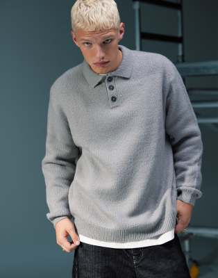 ASOS DESIGN ASOS DESIGN oversized brushed knitted polo in light grey