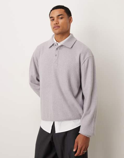 ASOS DESIGN oversized brushed rib collared sweatshirt in grey marl - view 1