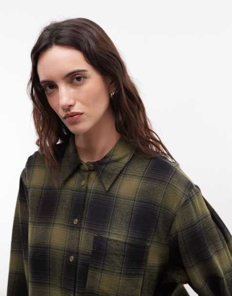 ASOS DESIGN oversized brushed shirt in green check - view 1