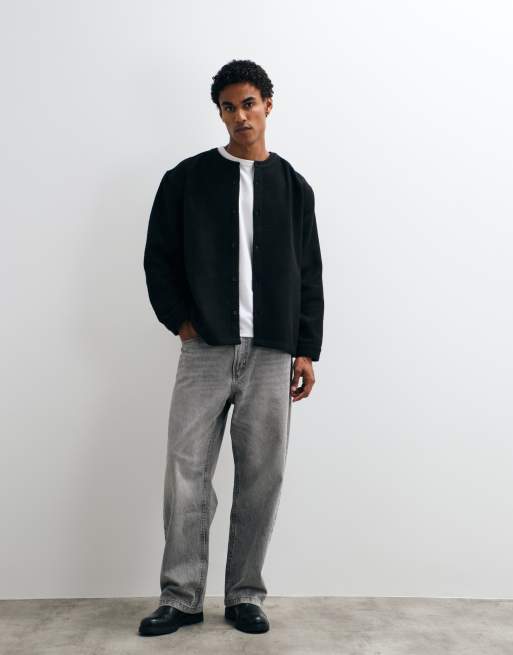 ASOS DESIGN oversized brushed shirt with grandad collar in black, 2 of 5
