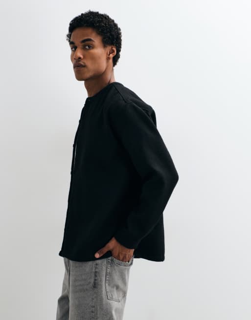 ASOS DESIGN oversized brushed shirt with grandad collar in black, 3 of 5