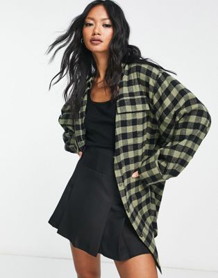 ASOS DESIGN oversized brushed shirt with wide cuff detail in khaki & black check