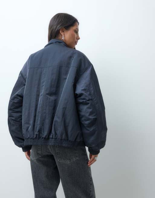ASOS DESIGN oversized bubble hem bomber jacket in navy, 4 of 4