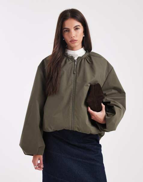 ASOS DESIGN oversized bubble hem bomber jacket in olive