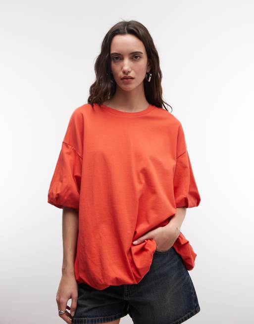 ASOS DESIGN oversized bubble hem t-shirt in red, 3 of 4