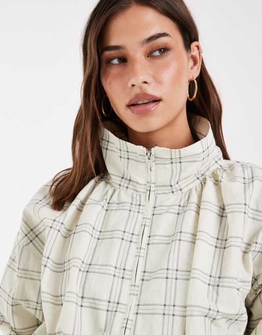 ASOS DESIGN oversized bubble hem track jacket in cream/black check, 3 of 4