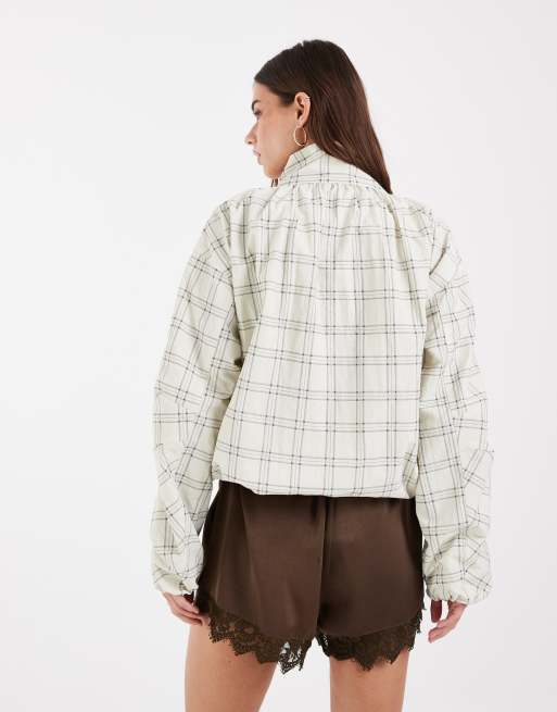 ASOS DESIGN oversized bubble hem track jacket in cream/black check, 4 of 4