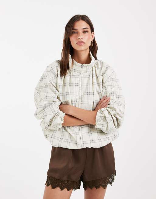 ASOS DESIGN oversized bubble hem track jacket in cream/black plaid, 2 of 4