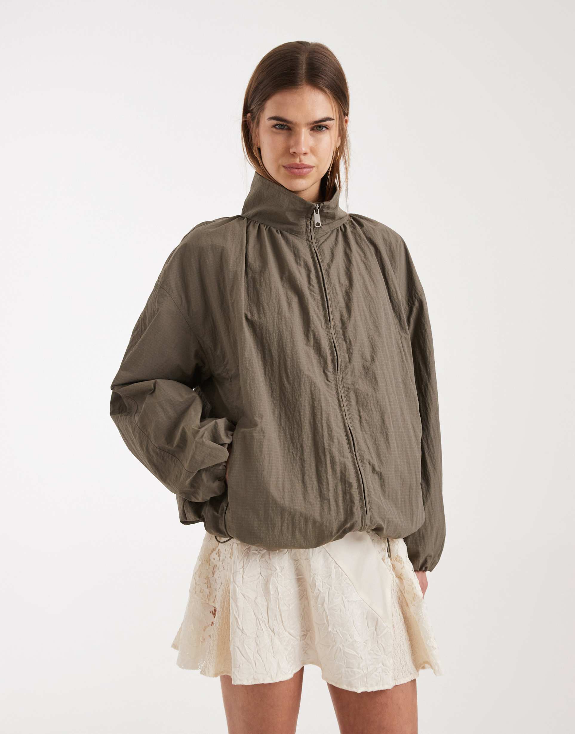 asos design oversized bubble hem track jacket in mushroom