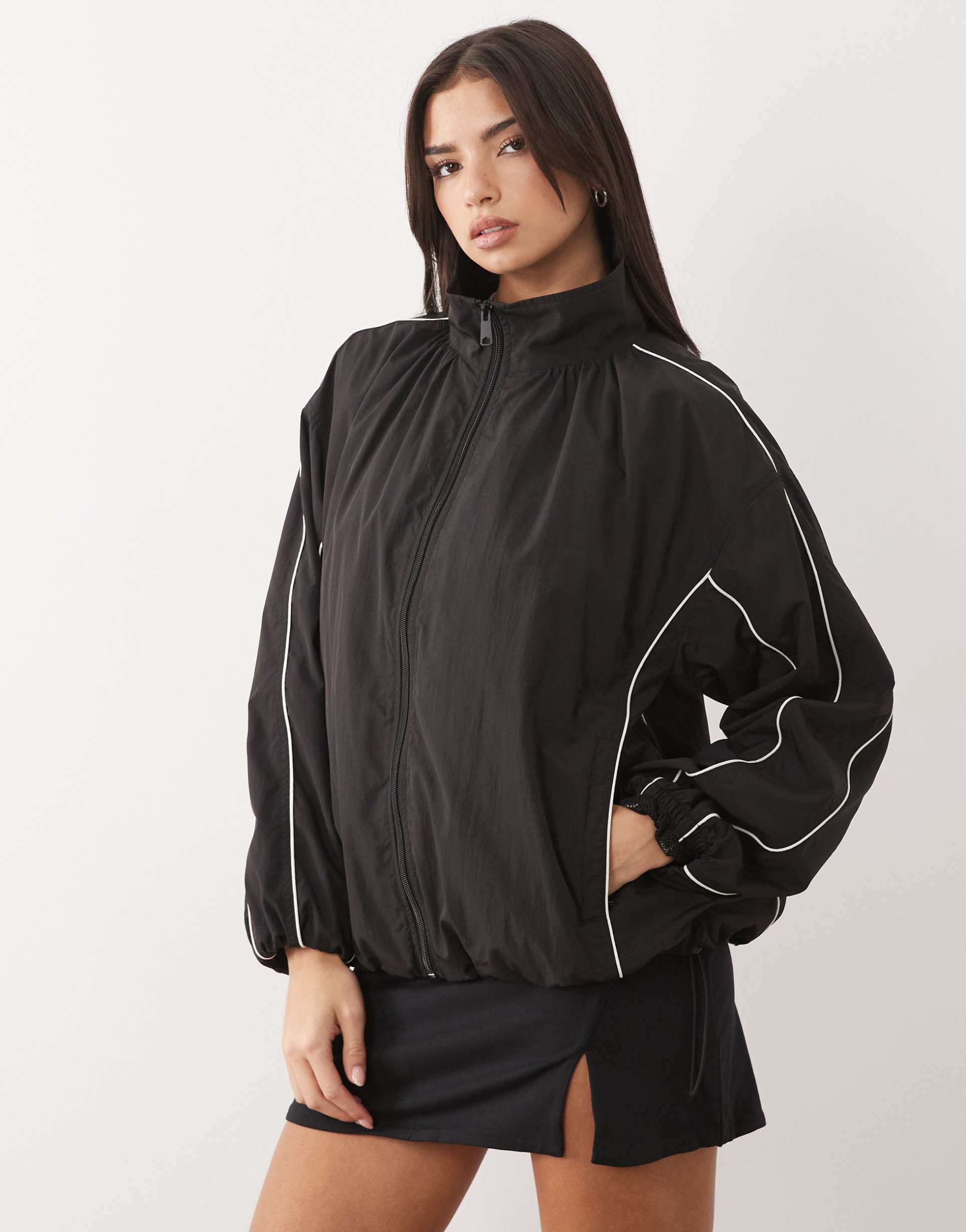 asos design oversized bubble hem track jacket with piping in black and white