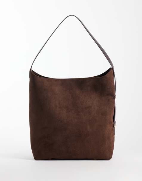 ASOS DESIGN oversized bucket tote tas van imitatiesuède in donkerbruin - view 1